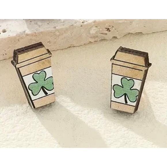 Petite Shamrock Coffee Cup Stud Earrings Wood Green - Picture 1 of 1